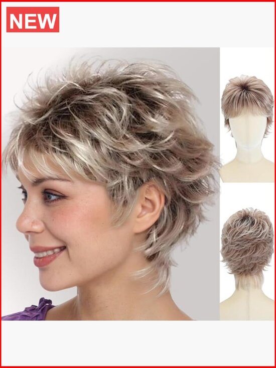 Short Curly Pixie Cut Synthetic Wig with Bangs Glueless Lightweight Heat